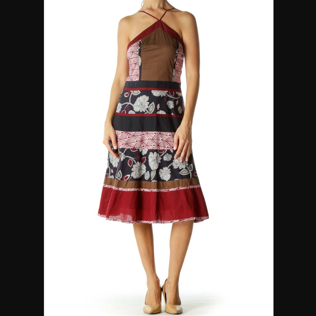 Bcbg Max Azria 100% Cotton Navy & Brown Patchwork Floral Halter Dress Womens 12
